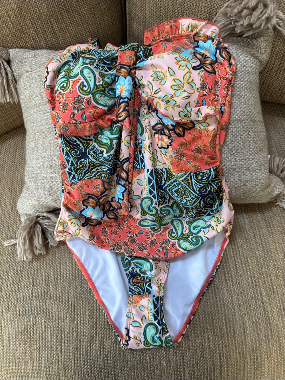 Floral Patchwork One-Piece Swimsuit in Coral, Green & Blue